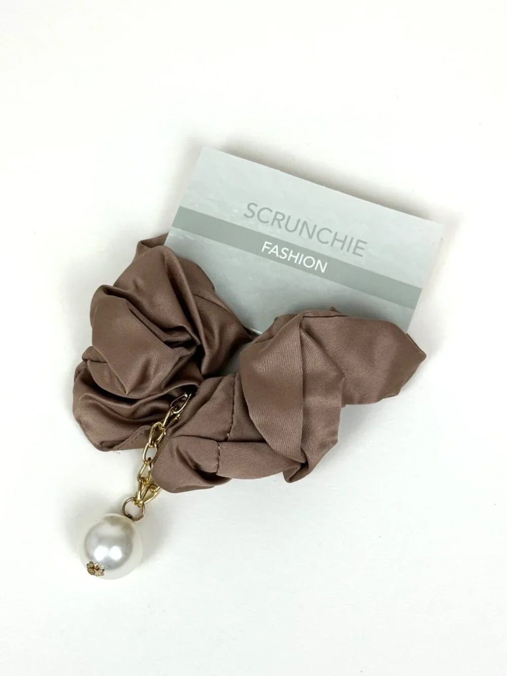 Taupe / brown satin hair scrunchie with a gold chain and hanging pearl charm New